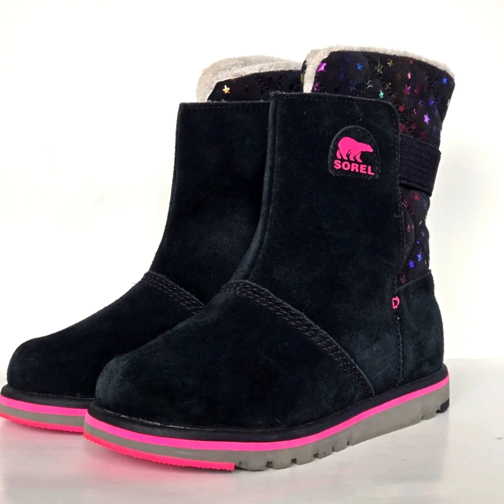 Sorel Rylee Waterproof Black Suede Warm Lined Pink Stars Toddler Girl Sz 5 Boots - Picture 4 of 8